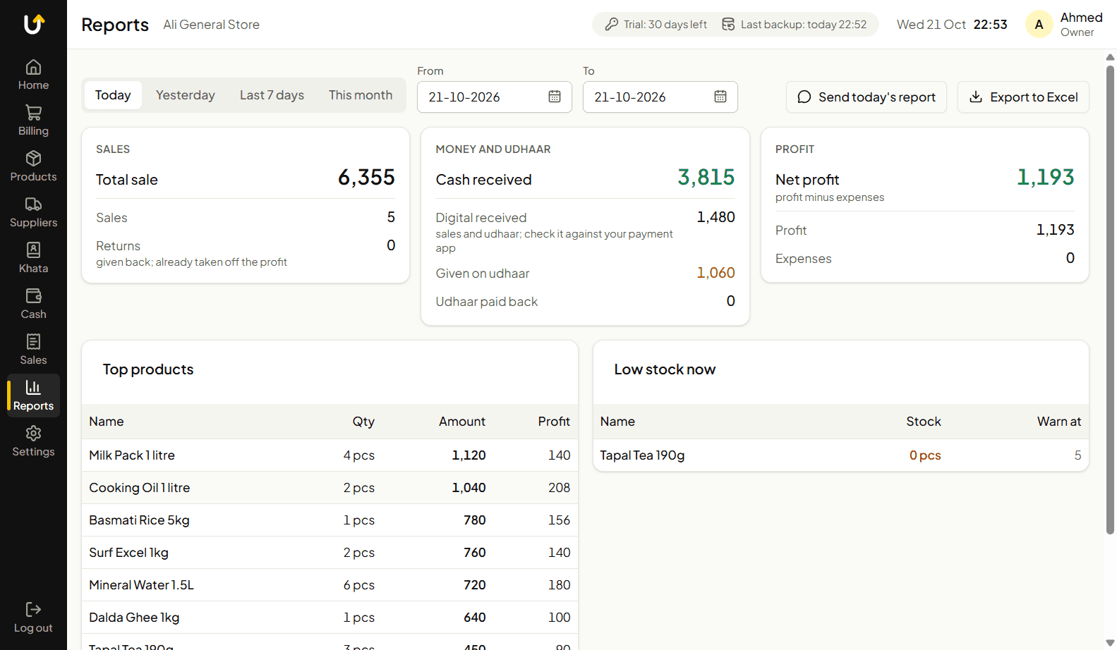 Reports screen with sales, cash and profit